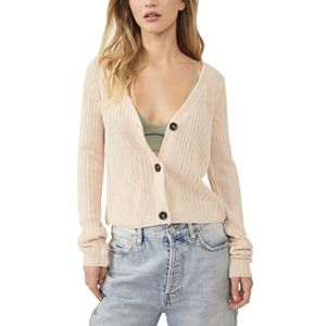 Free People Game On Cardigan Ribbed Crop Knit Top Sweater Women's XS